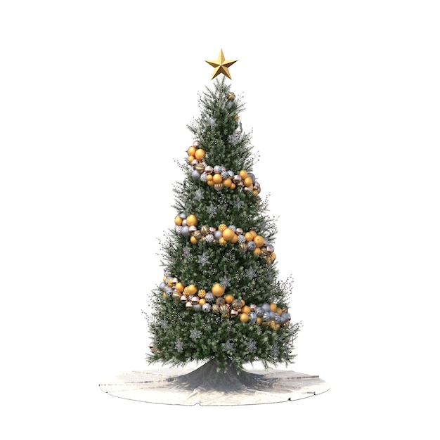 Christmas tree with decorations, isolated on white background, 3D illustration, cg render