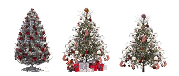 Albero di natale con decorazioni, isolato su sfondo bianco, illustrazione 3d, rendering cg