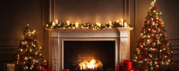 Foto albero di natale con decorazioni vicino a un camino sfocato in casa