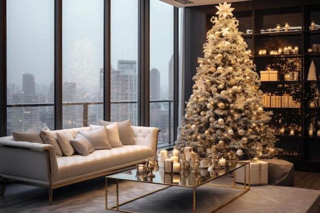 Christmas tree with decorations underneath in a modern chic apartment AI generated illustration