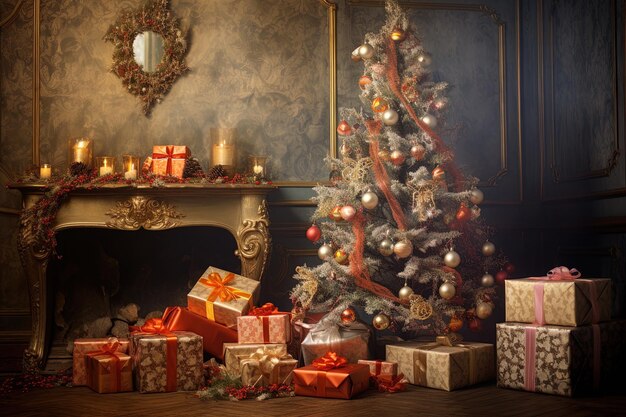 Photo a christmas tree with a fireplace and presents on the floor