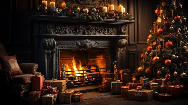 Рождественская елка с камином и чулками для рождественской рекламы Generative Ai