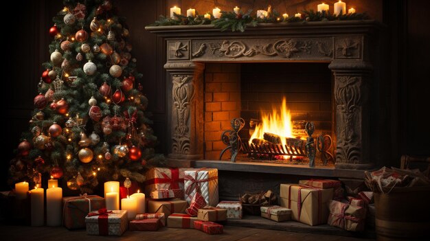 Christmas tree with fireplace and stockings for xmas promotion Generative Ai