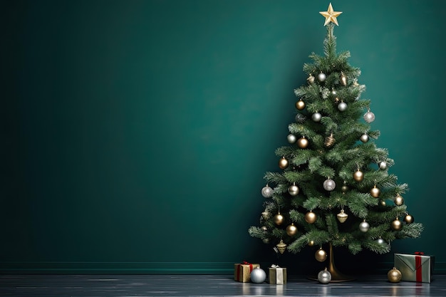 Christmas tree with garland on green background copy space banner xmas greeting card generative ai