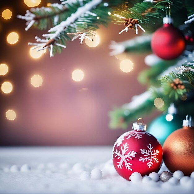 Foto albero di natale con ghirlande su uno sfondo festivo con un posto bokeh per il testo