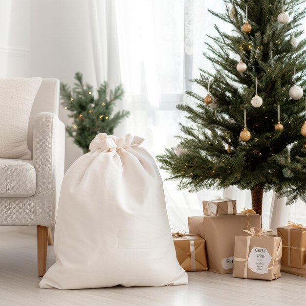 a christmas tree with a gift bag on it and a gift bag on the floor