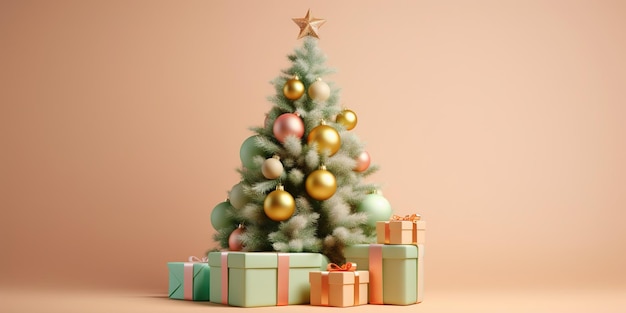 Рождественская елка с подарочной коробкой в углу на пастельном фоне копией пространства
