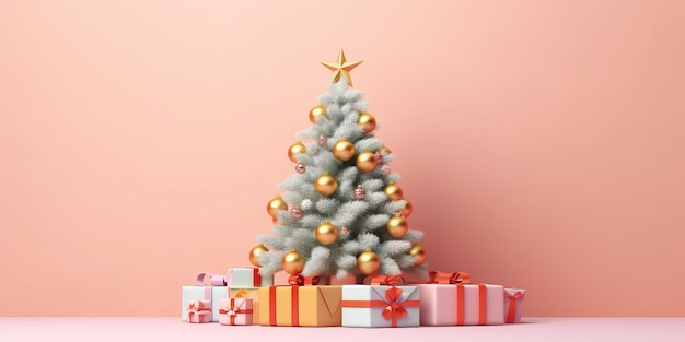 Christmas tree with gift box in the corner on a pastel background copy space