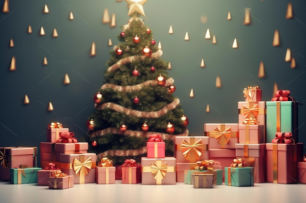 Christmas tree with gift box on pastel background copy space