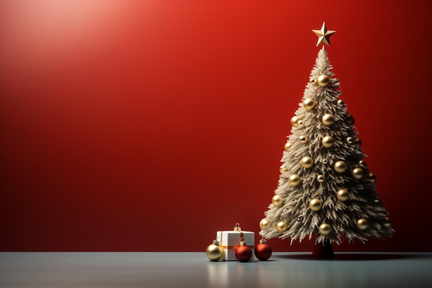 Christmas tree with gift boxes on red background Christmas background with copy space for text