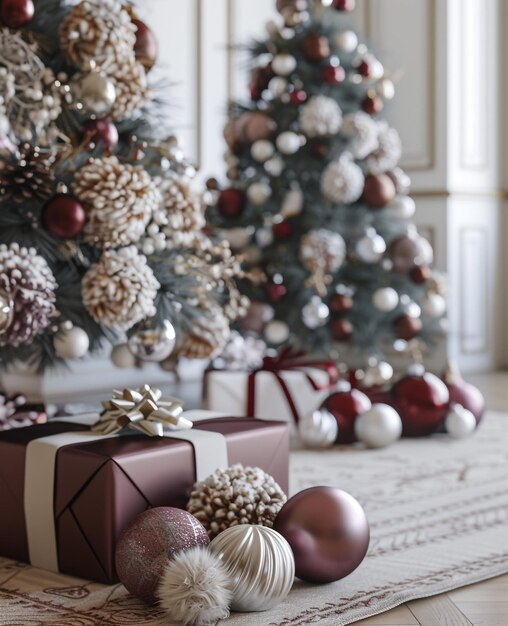 a christmas tree with a gift and a christmas tree in the background