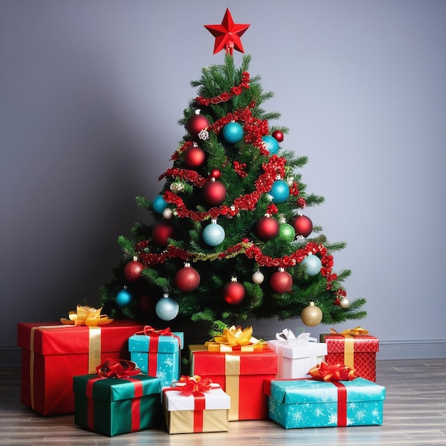 Christmas tree with gift in a studio background