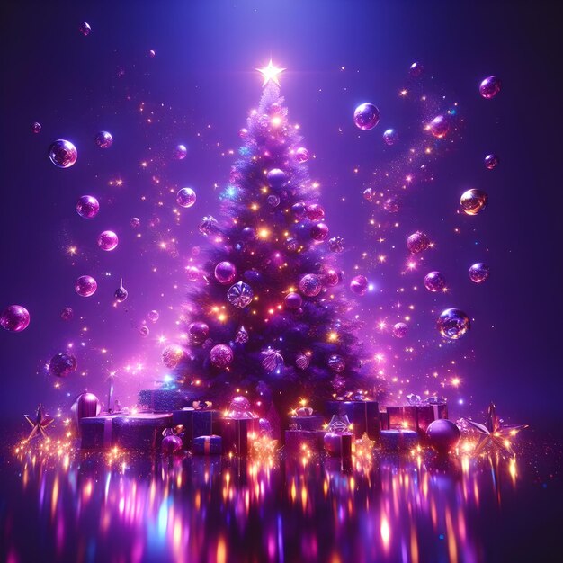 Photo christmas tree with gifts and bubbles on a purple background 3d rendering