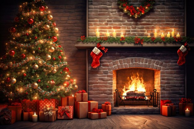 暖炉のそばにプレゼントのあるクリスマス ツリー