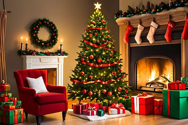 Christmas tree with gifts indoor Merry Christmas AI generative image
