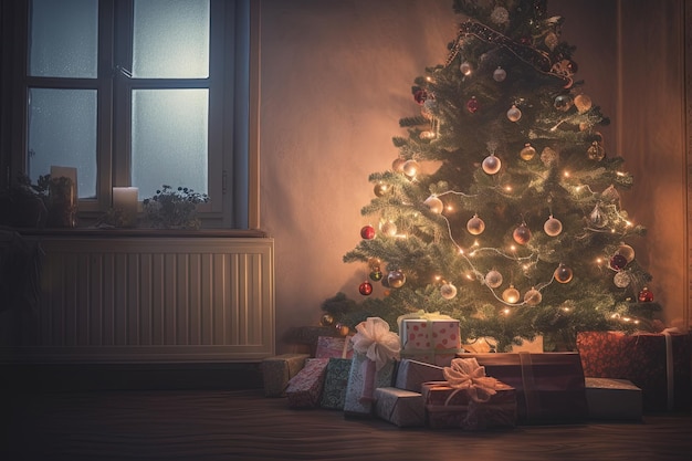 Christmas tree with gifts in the interior of the room with a window cozy modd happy new year merry christmass magic time