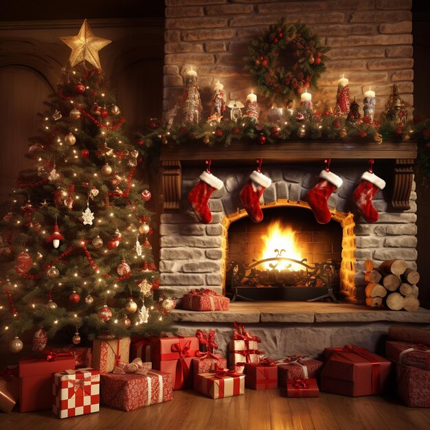 Christmas tree with gifts near the fireplace