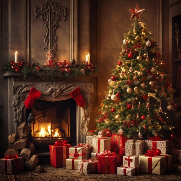 Christmas tree with gifts near fireplace