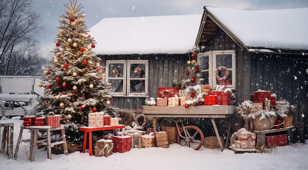 christmas tree with gifts in outdoor christmas tree with gifts and decorations christmas scene