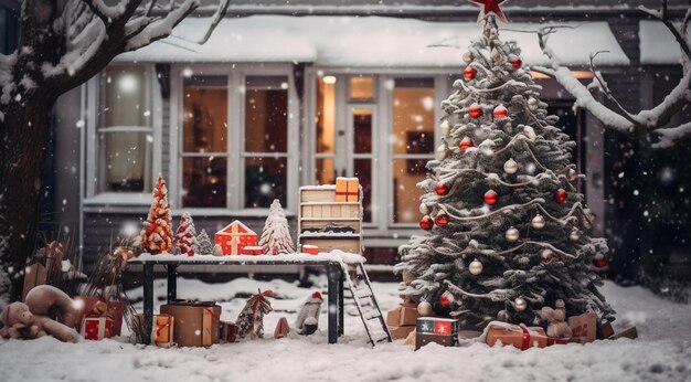 Рождественская елка с подарками на открытом воздухе Рождественский елка с подарениями и украшениями Рождественской сцены