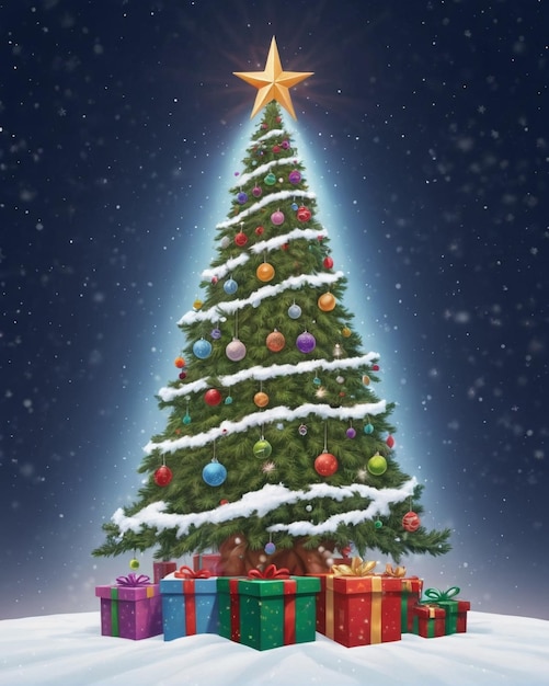 Christmas tree with gifts and presents happy new year card