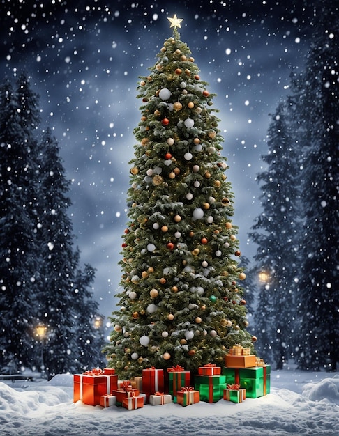 Photo christmas tree with gifts and presents happy new year card