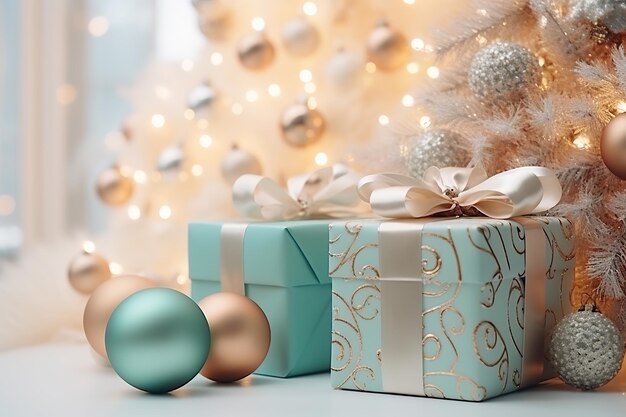 Photo christmas tree with gifts soft focus background with bokeh glowing lights