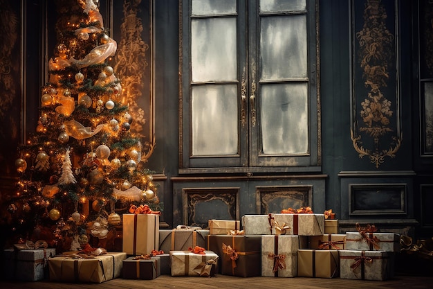 ギフトのあるツリーの下のクリスマス 微妙な照明 汚れのない完璧主義 スパークルコア 魅惑的