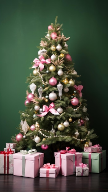 Christmas tree with gifts on wooden floor against green chalkboard closeup