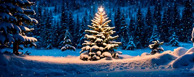 A Christmas tree with glowing star in the wilderness landscape during the night time