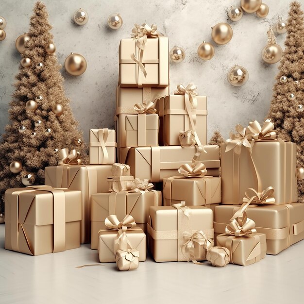 A christmas tree with gold presents and a white background