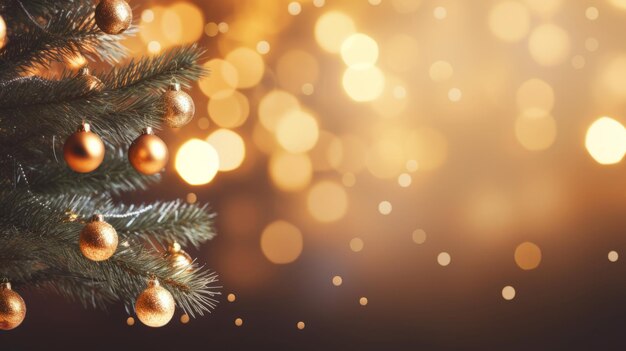 Christmas tree with golden baubles on bokeh background