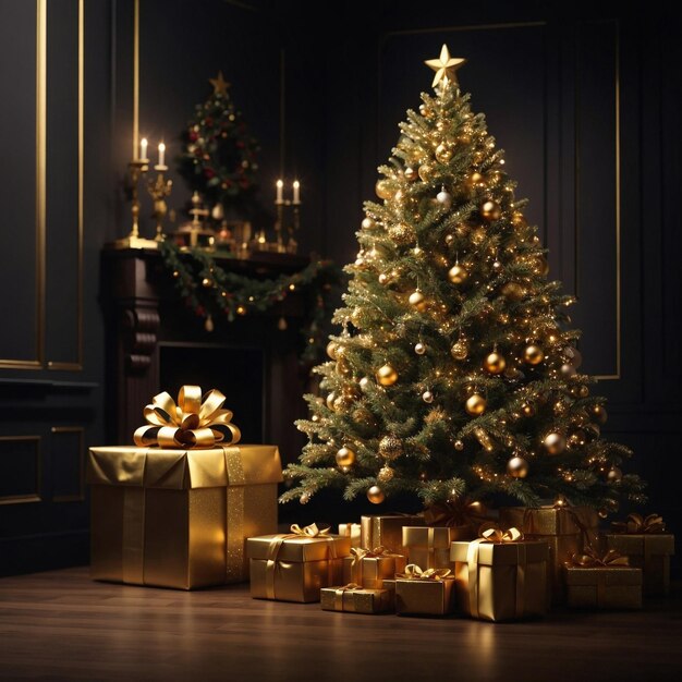 Christmas tree with golden baubles and presents