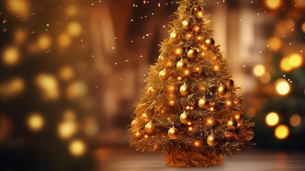 金色の球根の飾り付きのクリスマスツリー
