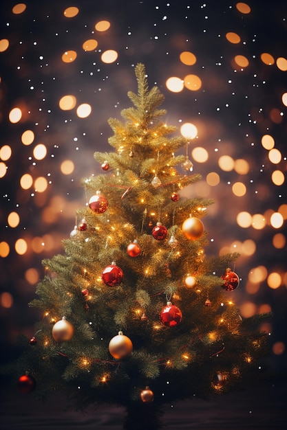 어두운 배경에 황금색 장식과 보케(bokeh) 조명이 있는 크리스마스 트리
