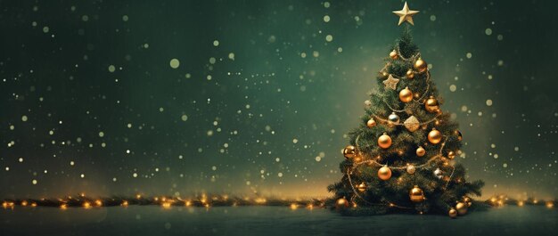 Christmas tree with golden lights on dark background Merry Christmas and Happy New Year