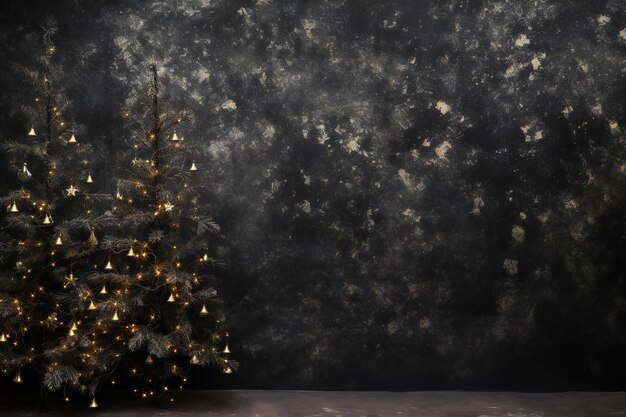 Photo christmas tree with golden lights and snowflakes on black background