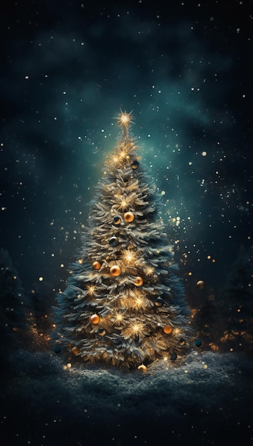 Christmas tree with golden lights and snowflakes on a dark background