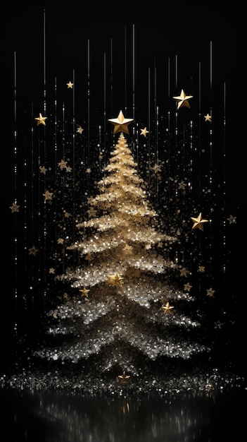 Christmas tree with golden stars on black background 3D illustration