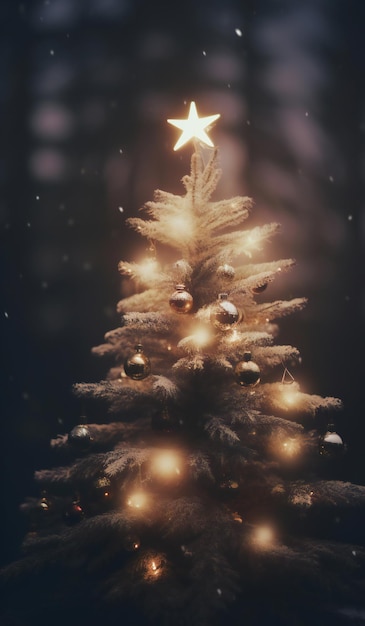 Christmas tree with golden stars and bokeh lights on dark background