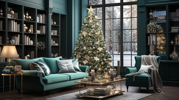 a christmas tree with a green couch and a coffee table.