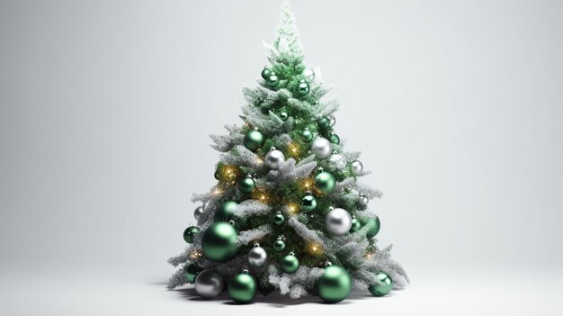 녹색과 흰색 장신구와 흰색 배경이 있는 크리스마스 트리.