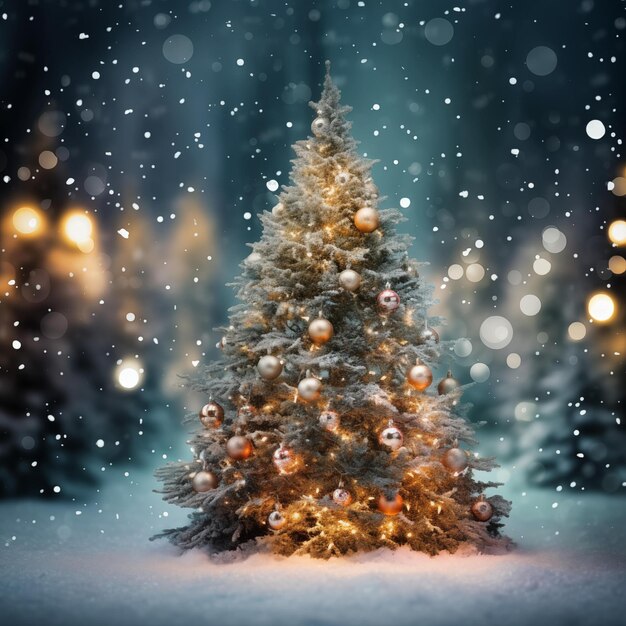 Photo christmas tree with illumination and snow blurred background generative ai