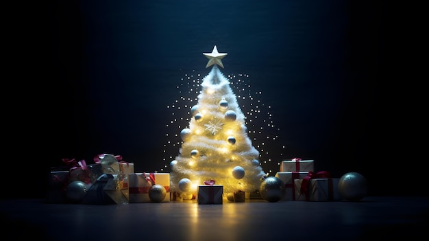 A christmas tree with lights and a black background