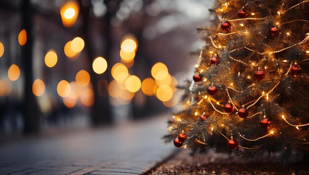 Рождественская елка с огнями в городе на рождественском и новогоднем фоне