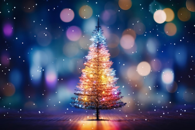 A christmas tree with lights on it in front of a bokeh background