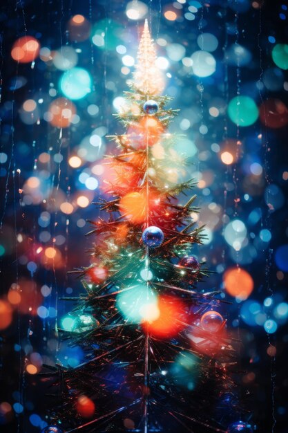 A christmas tree with lights on it in front of a dark background