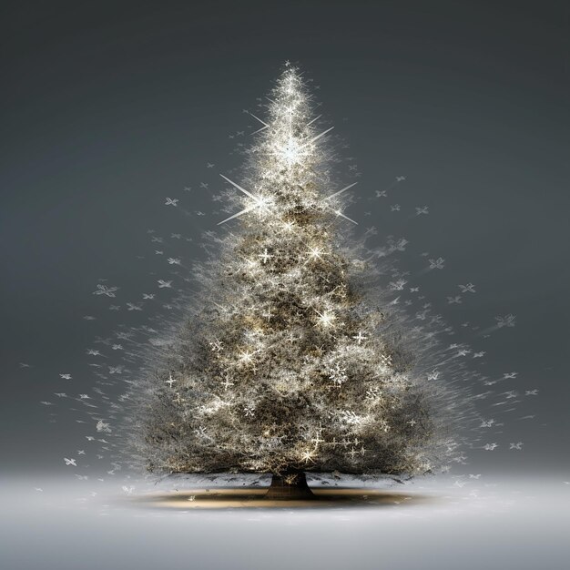 ライトが付いたクリスマス ツリーと銀色の背景