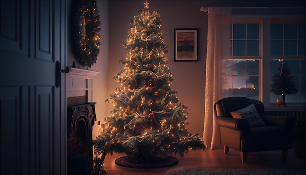 Рождественская елка с огнями в гостиной сгенерирована реалистичным искусственным интеллектом
