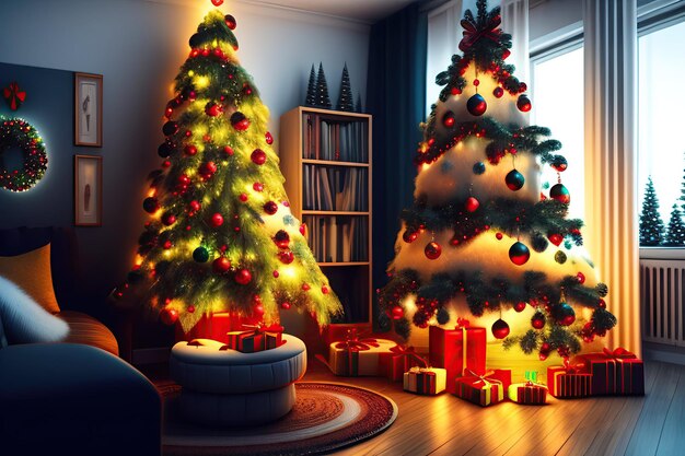 Рождественская елка с огнями в гостиной